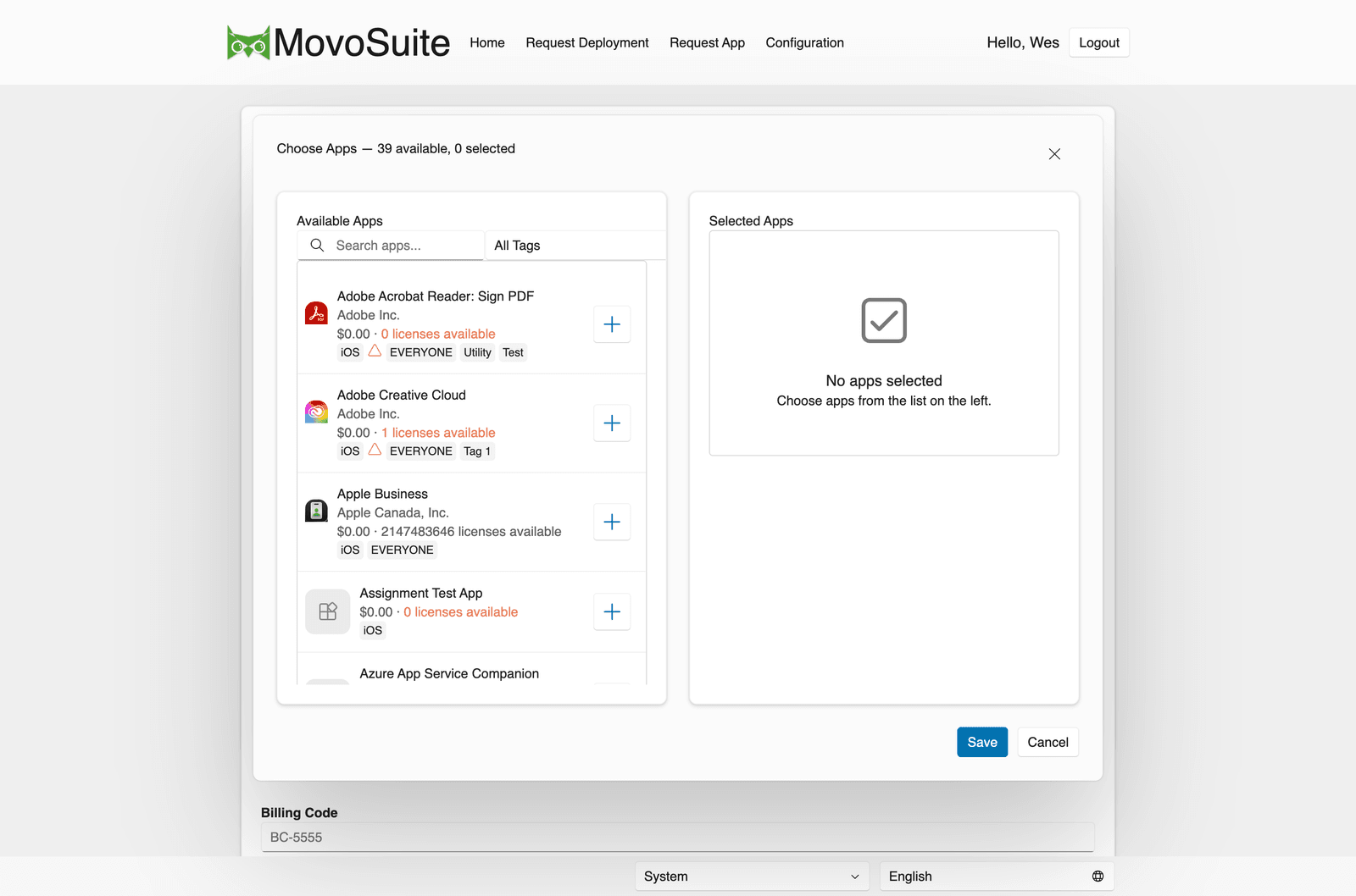Choose Apps dialog