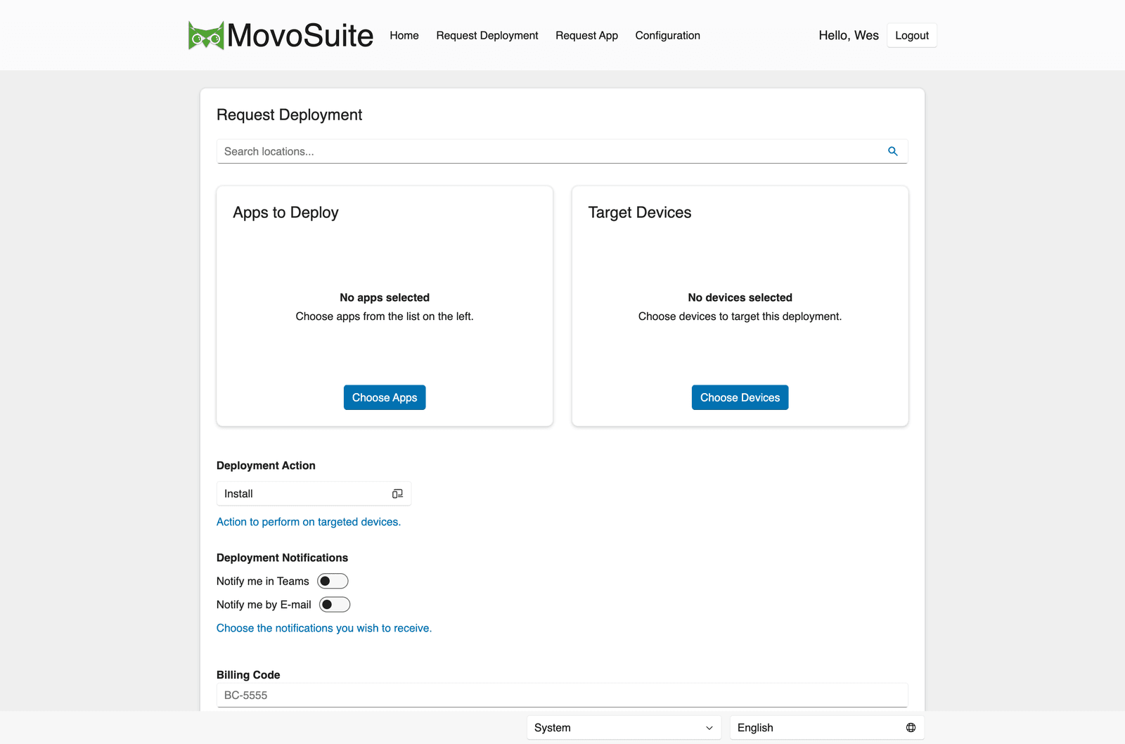 Request Deployment form