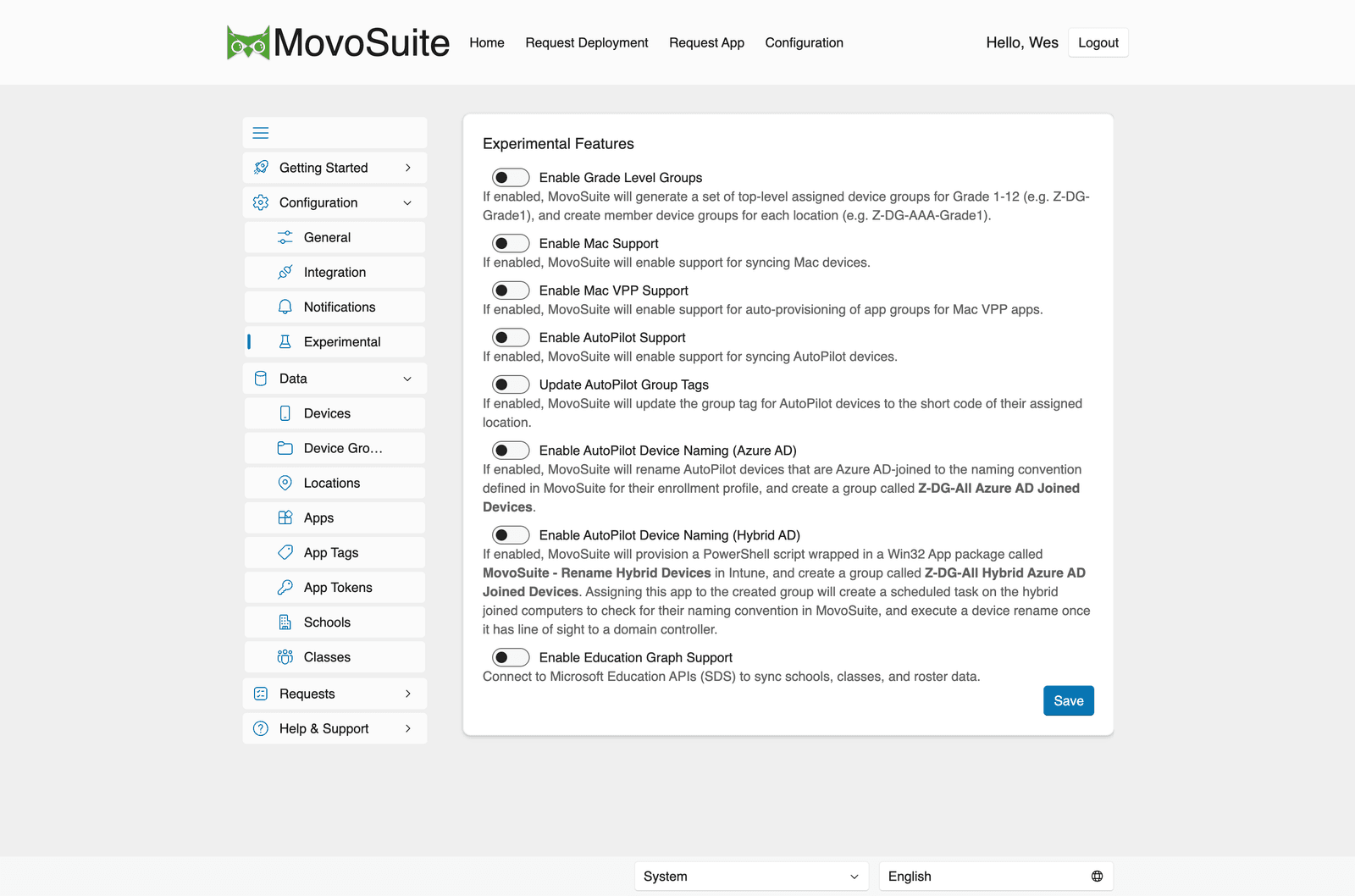 Experimental features