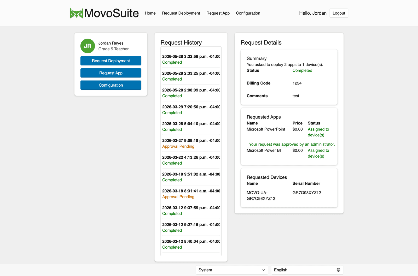 MovoSuite home with request list