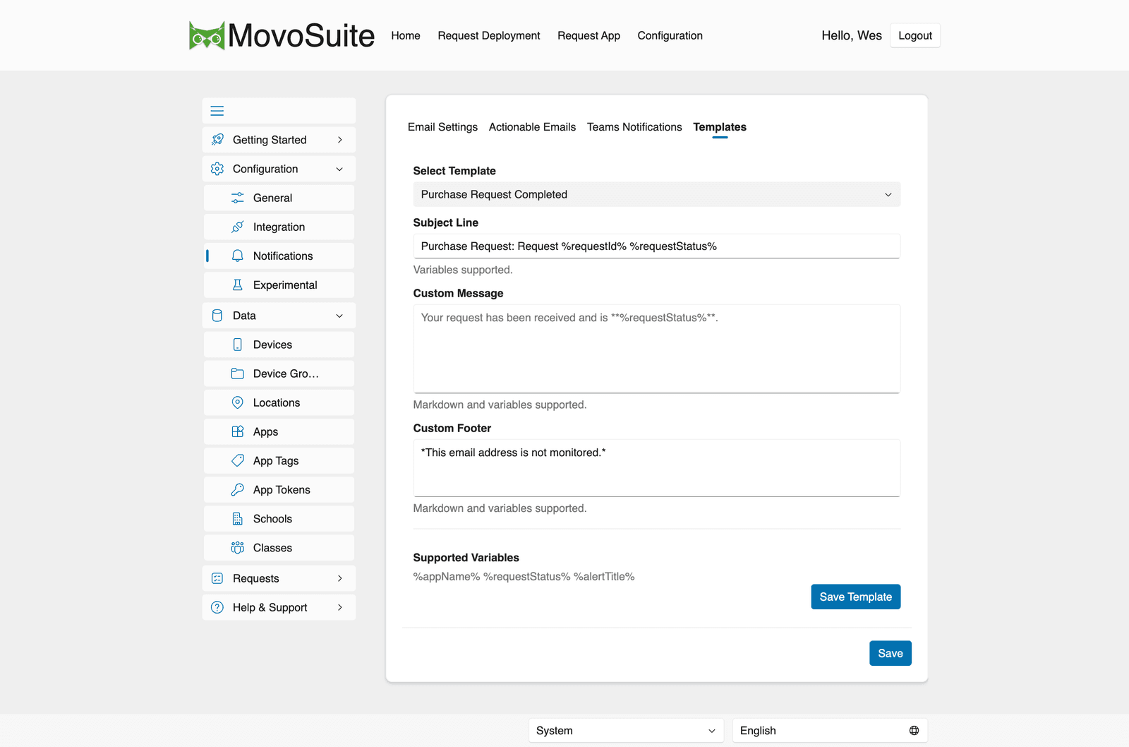 Notifications → Templates