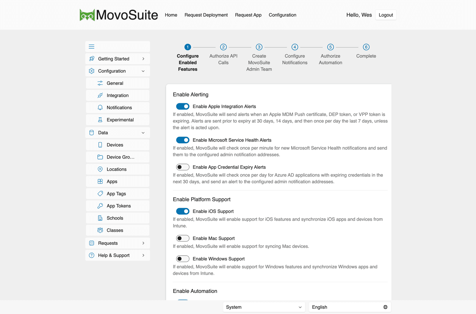 Onboarding step 1 — Configure Enabled Features
