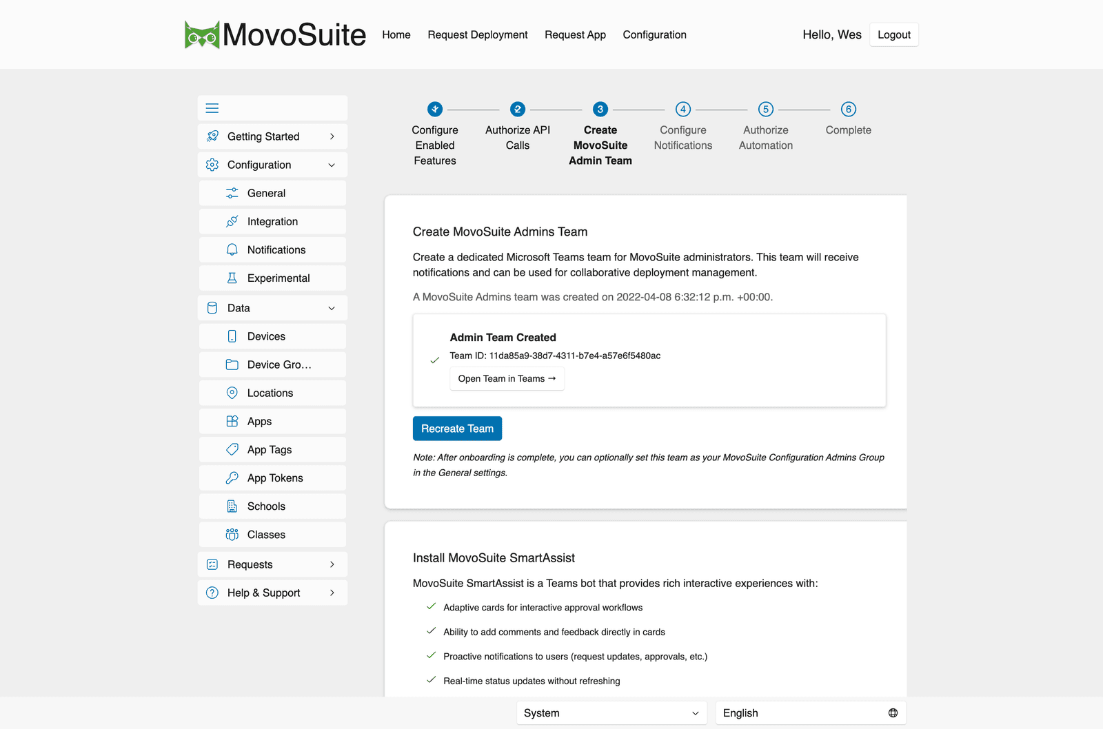 Onboarding step 3 — Create MovoSuite Admin Team