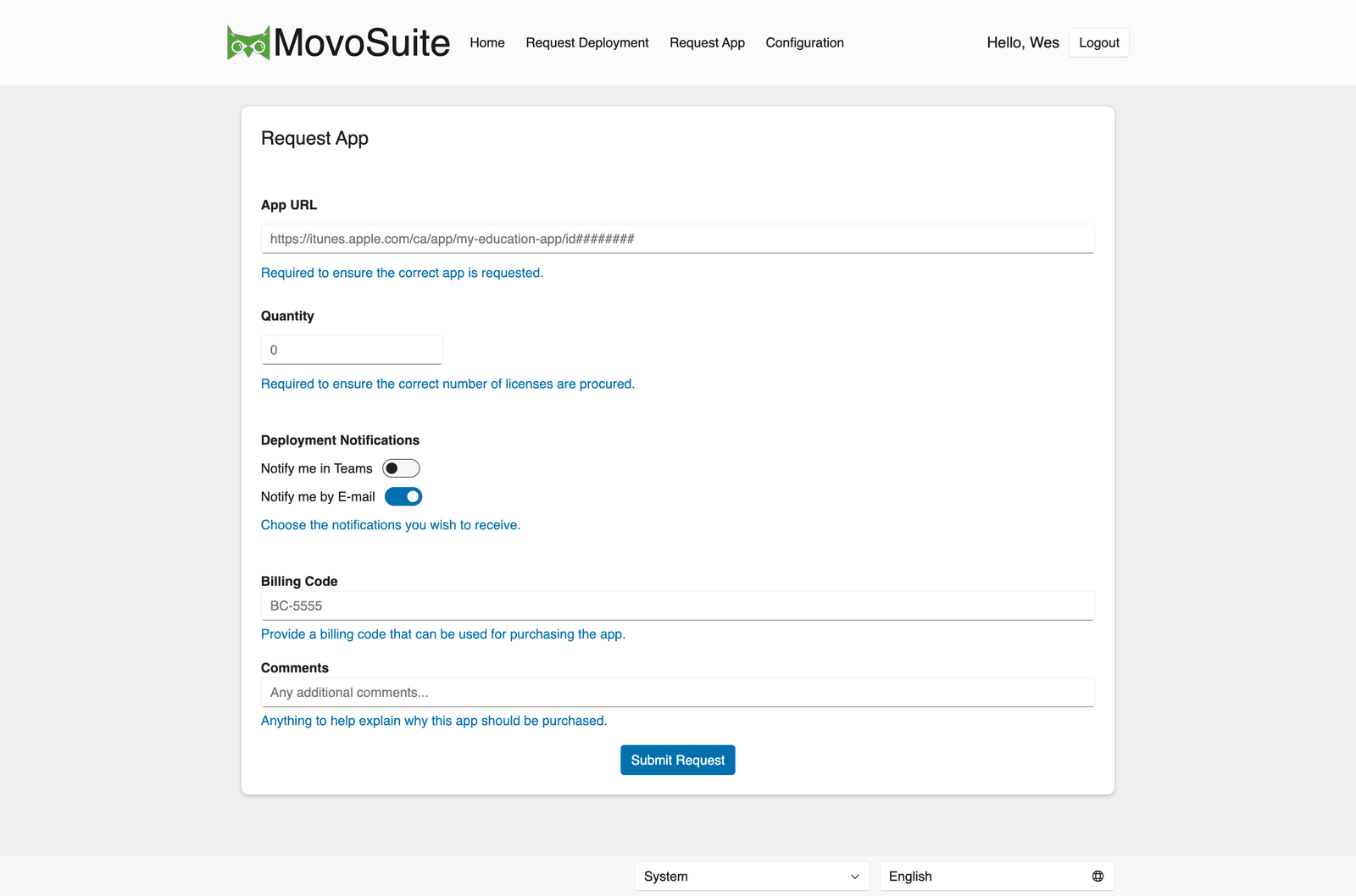Request App form